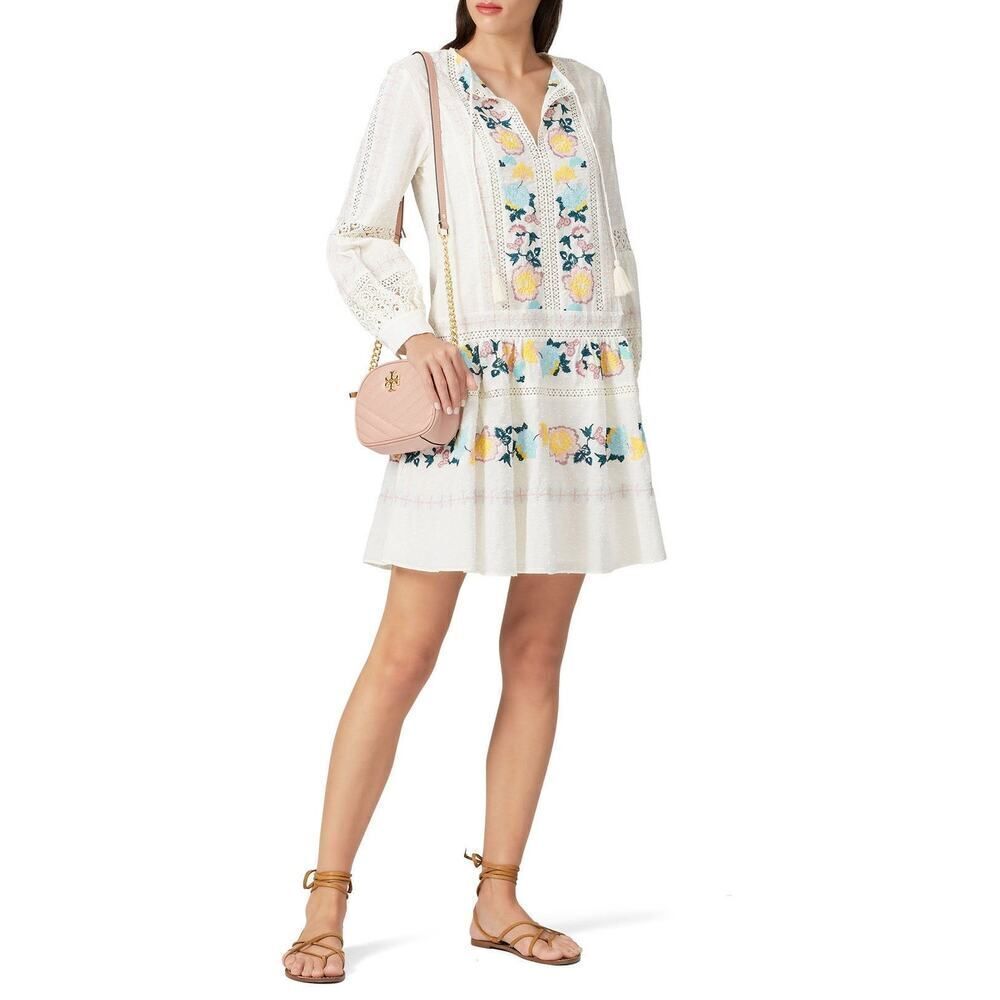 Tory Burch Mini Dress Women's XS White Blue Embroidered Boho Long Sleeve V-Neck
